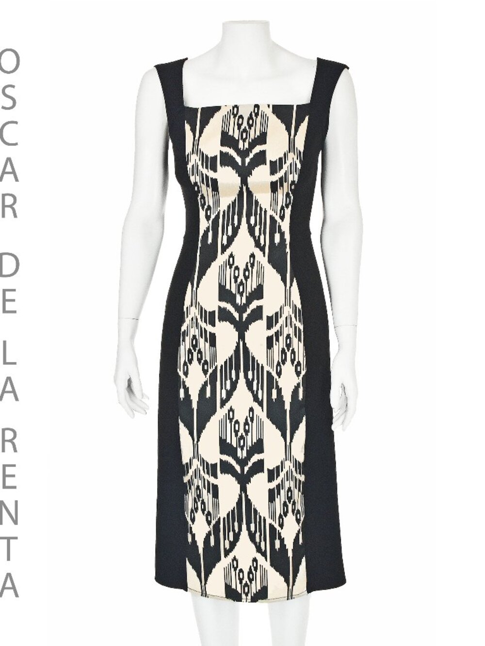 OSCAR de la RENTA Black & Beige Ikat A-Line Midi Dress, SS 2017, SZ 2 NWOT